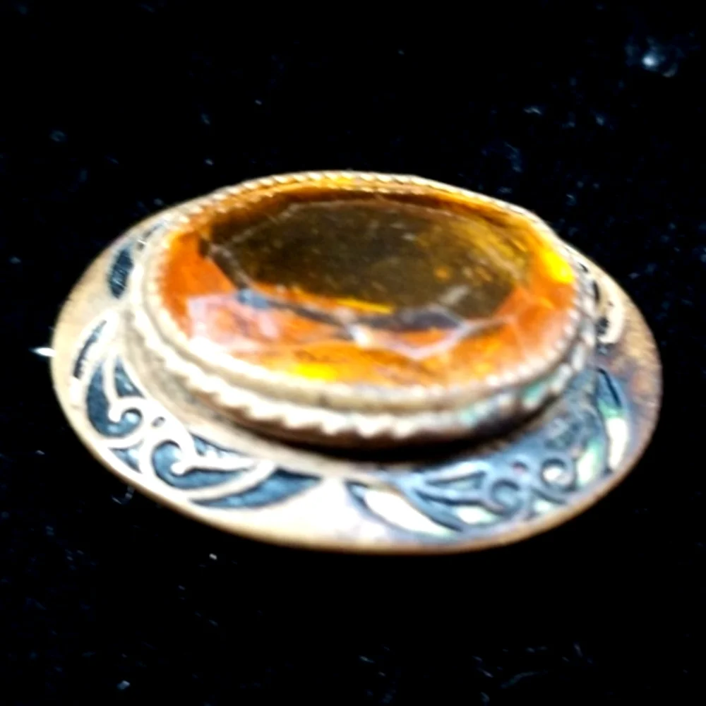 Vintage 1920s Art Deco Amber Citrine Glass Gold Tone Brooch - Picture 10 of 12